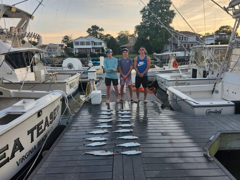 Mackerel on the dock and happy fishermen thanks to Sea Teaser Sport Fishing